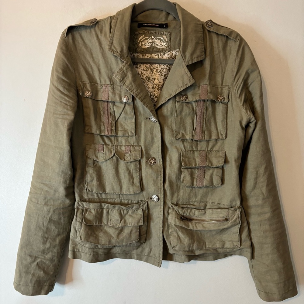 Tramontana Austria Jacket Khaki Green Size Small Army Star Buttons Linen Cotton